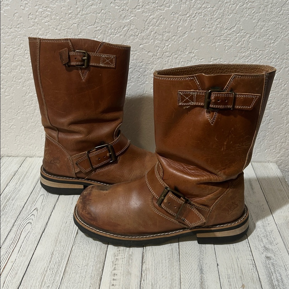John Fluevog Discontinued Baby Ruth Distressed Buckle Pull on Brown Boots.